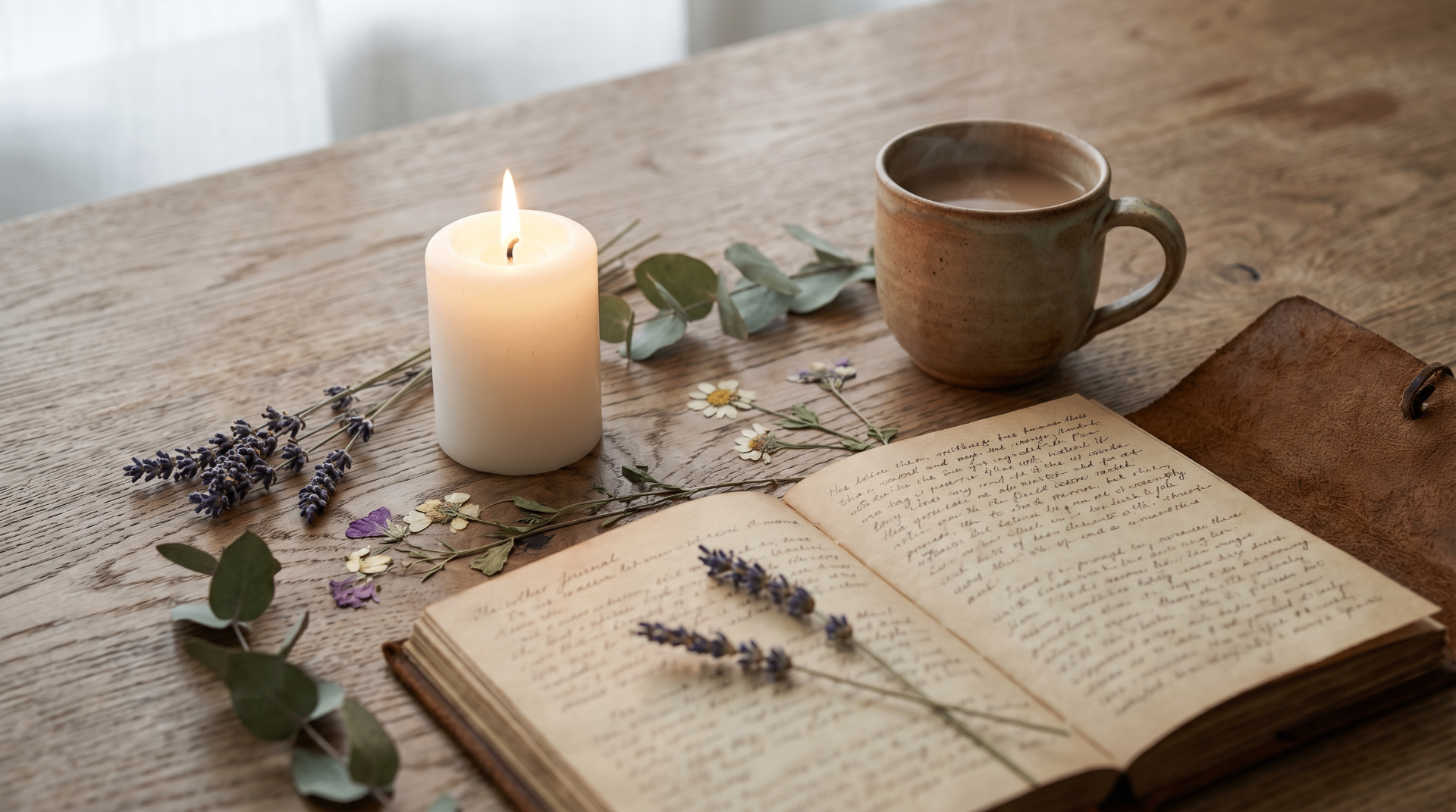 Quiet morning workspace with journal, candle, and warm light