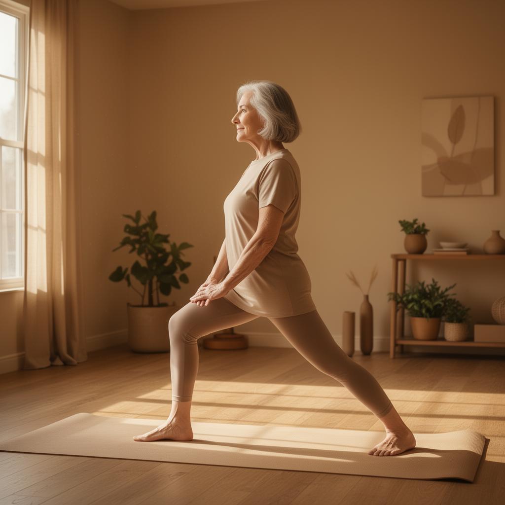 Mature woman practicing yoga in soft natural light